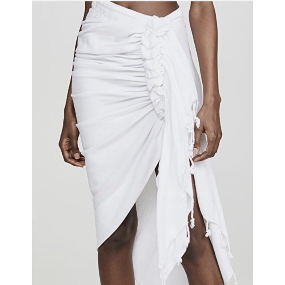Just Bee Queen Tulum White Madi Ruched Wrap Skirt With Fringe Sz M Boho Resort - Picture 2 of 15